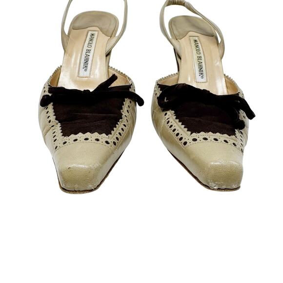 Manolo Blahnik Vintage Two Tone Brogue Slingback Kitten Heels 37.5 - Picture 3 of 12